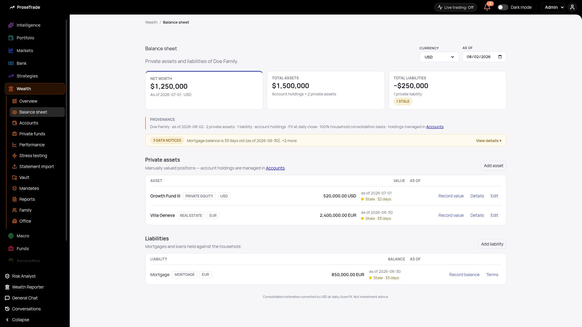 Balance sheet screen: net worth, private assets and liabilities with as-of dates and staleness flags