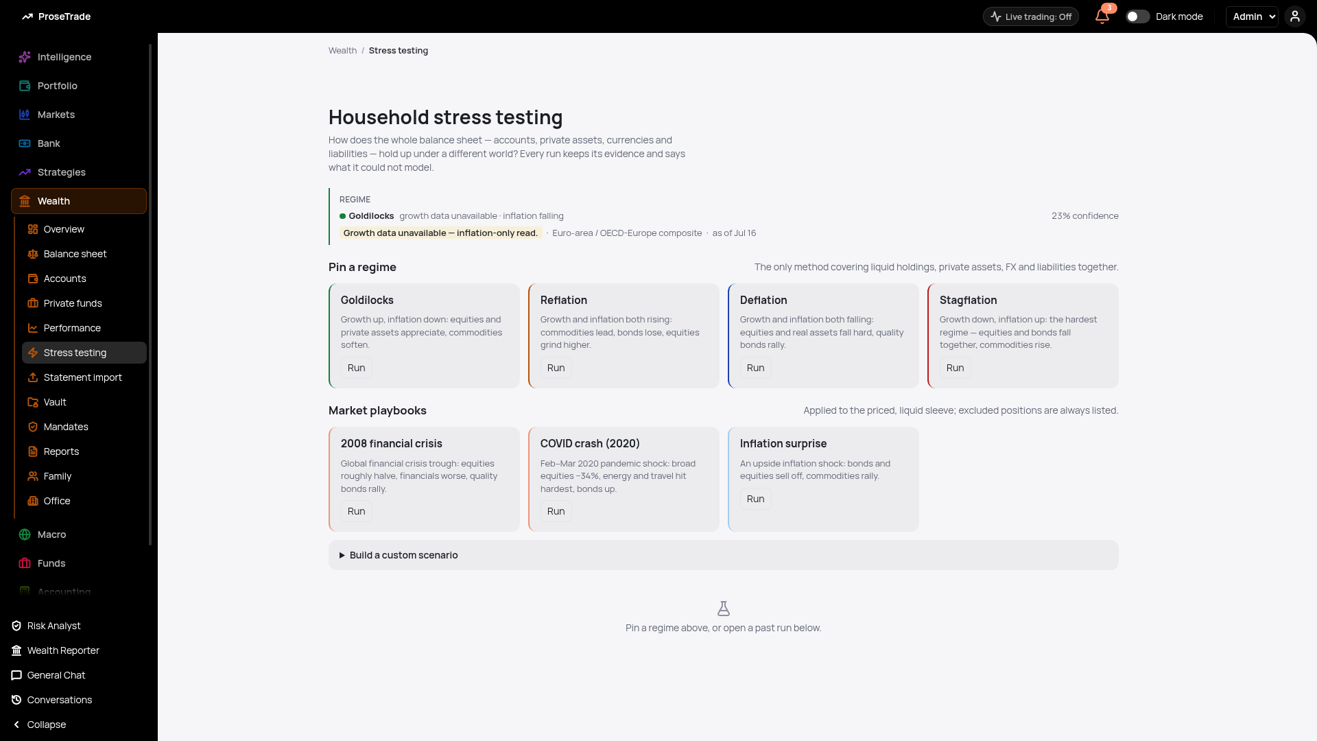 Stress testing screen: regime what-ifs and market playbooks with run buttons