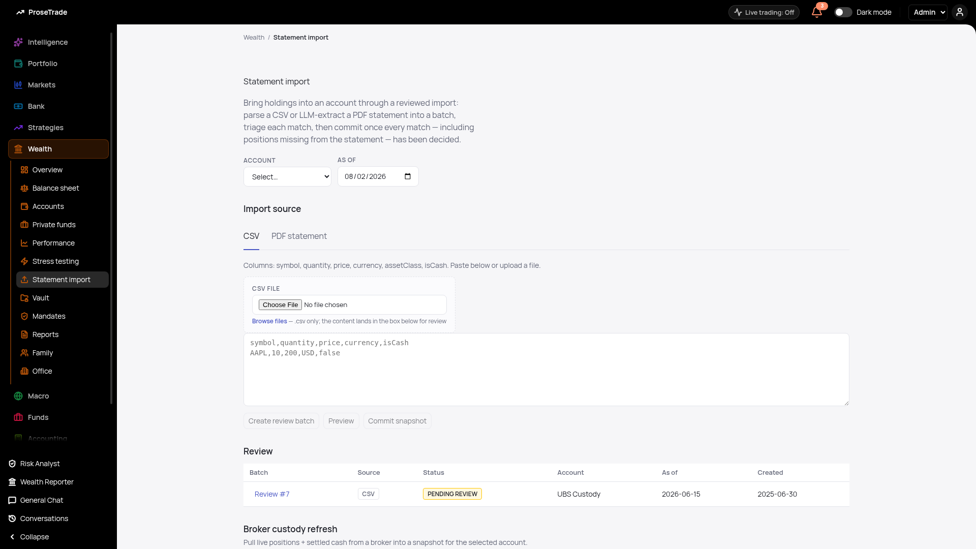 Statement import screen: CSV and PDF import with a pending review batch