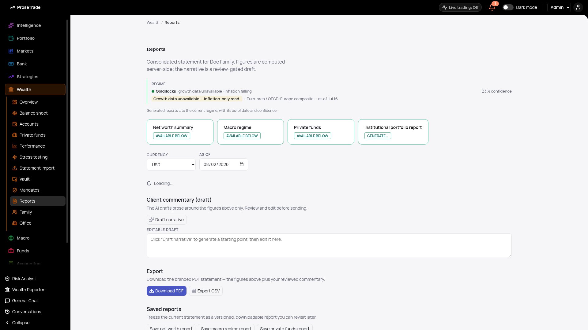 Reports screen: consolidated statement, draft commentary and export controls